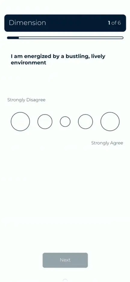 The MutualFindz personality assessment, showing dimension 1 of 6.